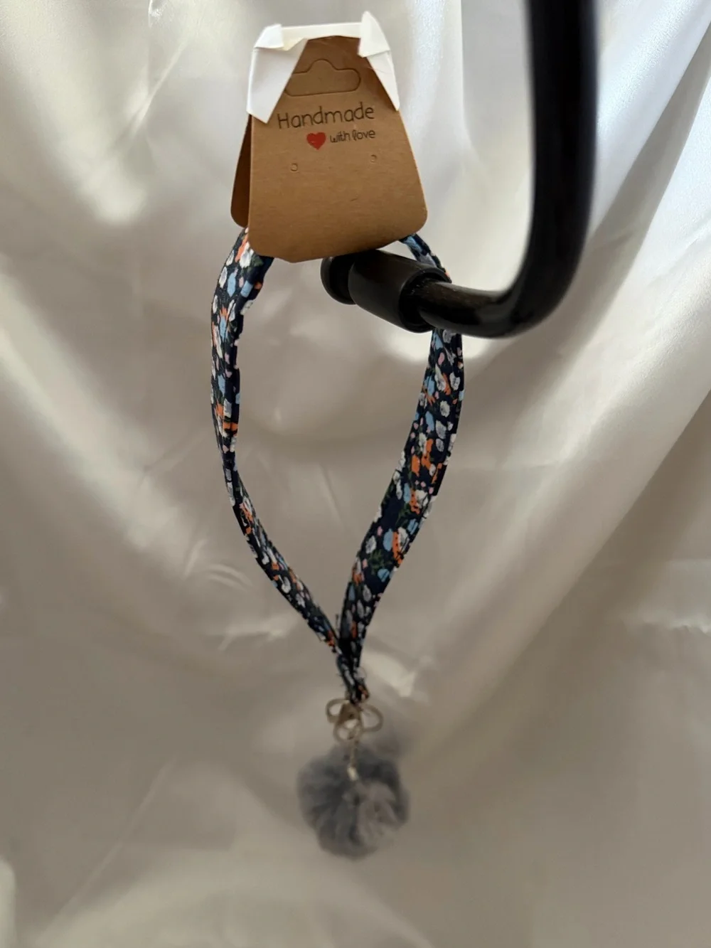 Handmade Blue and Orange Floral Wristlet Keychain with Gray Pompom
